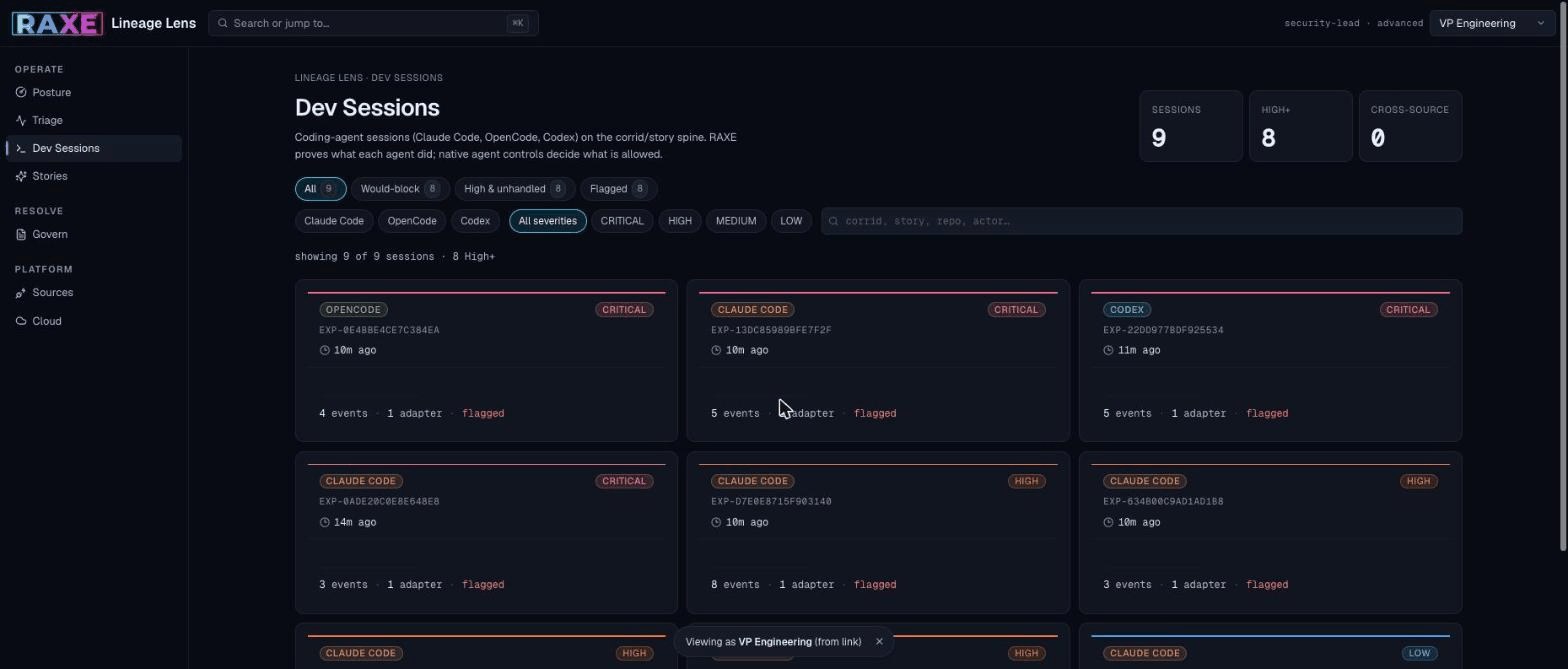 Dev sessions view: Claude Code, OpenCode and Codex sessions with attribution grades